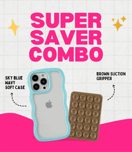 Load image into Gallery viewer, Sky Blue Wavy Clear Soft iPhone Case + Soft Suction Grip Combo
