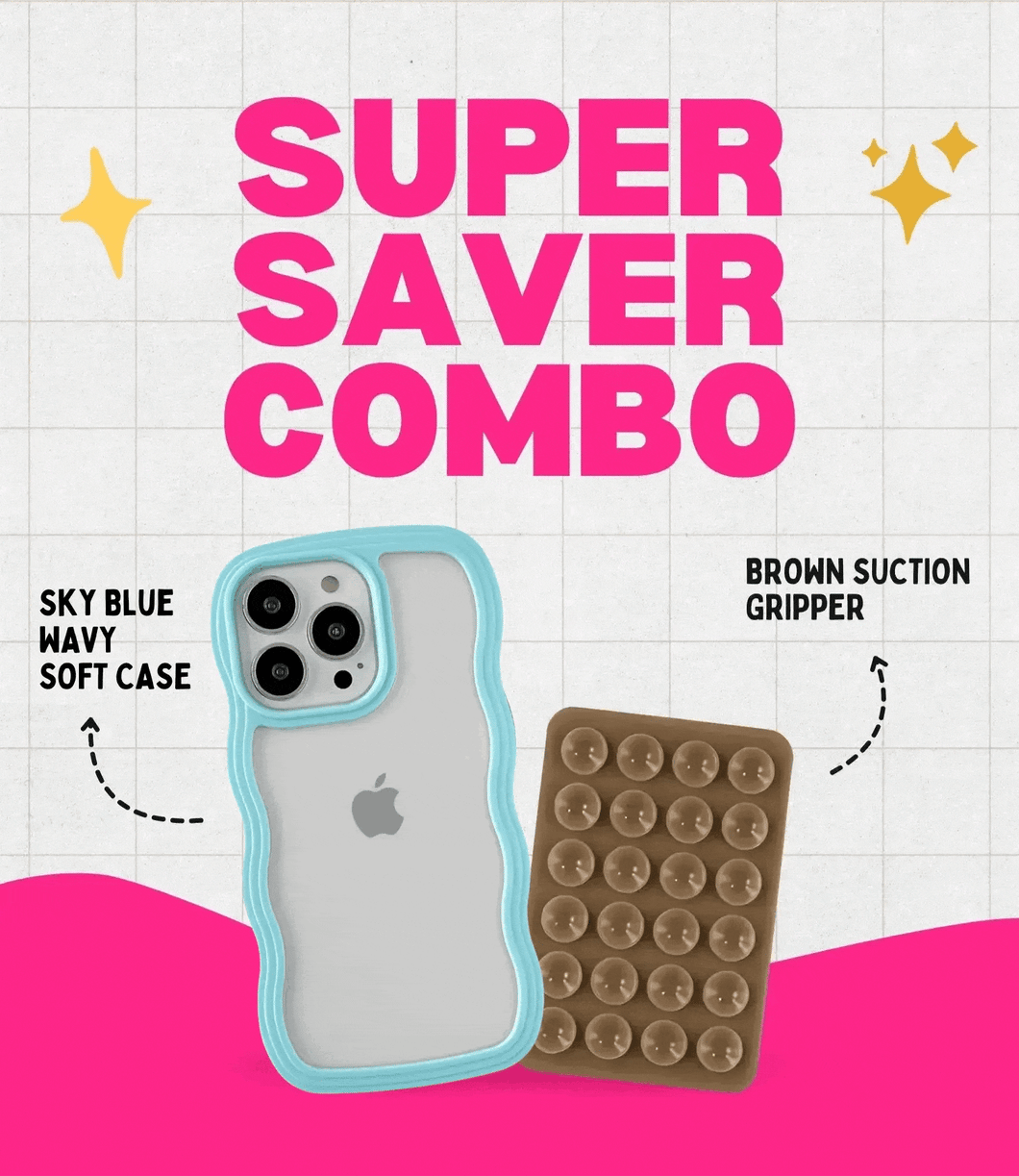 Sky Blue Wavy Clear Soft iPhone Case + Soft Suction Grip Combo