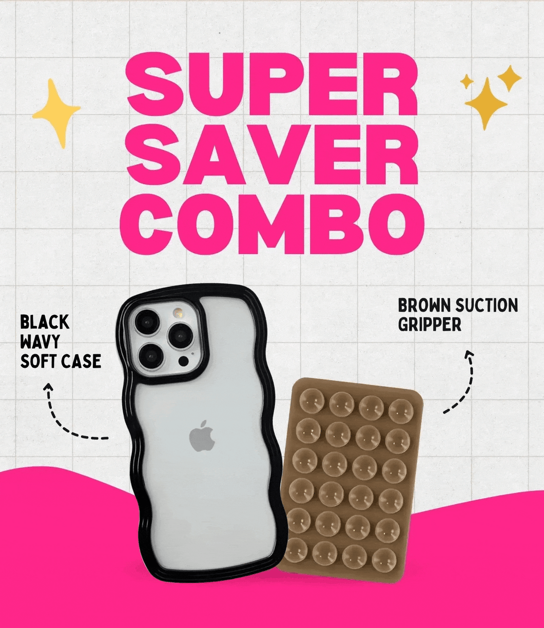 Midnight Black Wavy Clear Soft iPhone Case + Soft Suction Grip Combo
