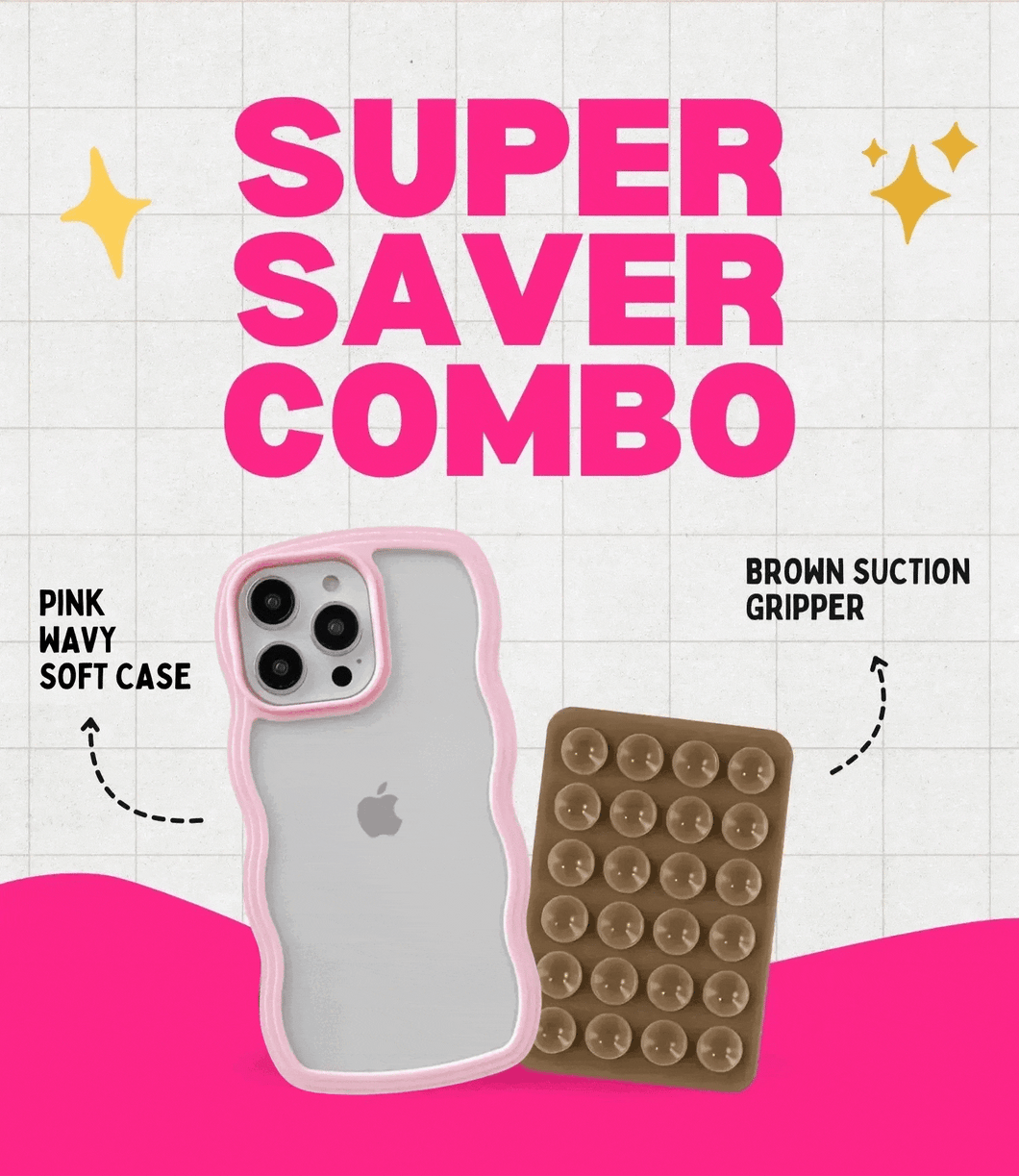 Pink Wavy Clear Soft iPhone Case + Soft Suction Grip Combo